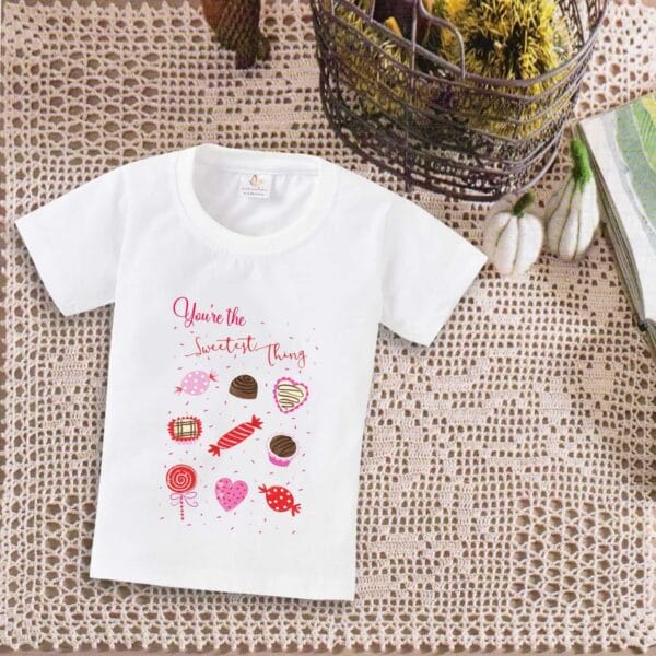 Valentine Day T-shirt for Kids Unisex Valentine Topwear Outfit Printed Half Sleeve Tshirt Dress for Boy n Girl "You are the sweetest things" - Image 3