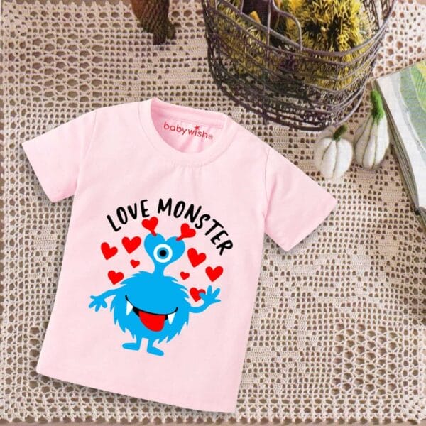 Valentine Day T-shirt for Kids Unisex Valentine Topwear Outfit Printed Half Sleeve Tshirt Dress for Boy n Girl "Love on monster" - Image 2