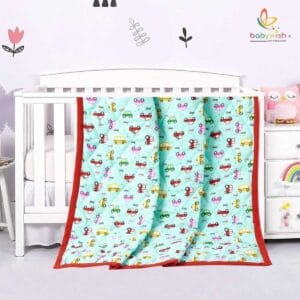 GOTS Certified Organic Cotton Baby Dohar Blanket for Newborn Soft Crib All Seasons Quilt for Microfiber Giftset - Light Blue Vehicles Print