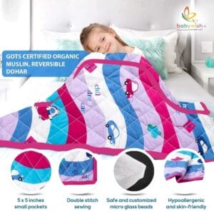 GOTS Certified Organic Cotton Baby Dohar Blanket for Newborn Soft Crib All Seasons Quilt for Microfiber Giftset - Blue Magic Feather