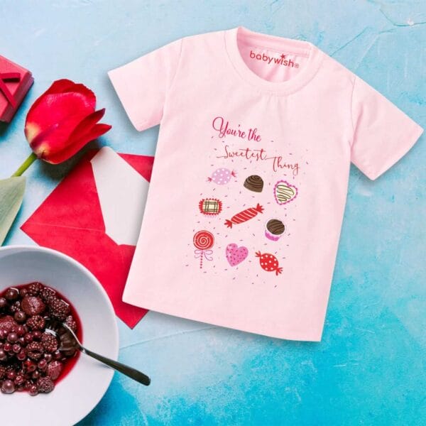 Valentine Day T-shirt for Kids Unisex Valentine Topwear Outfit Printed Half Sleeve Tshirt Dress for Boy n Girl "You are the sweetest things" - Image 2