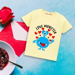 Valentine Day T-shirt for Kids Unisex Valentine Topwear Outfit Printed Half Sleeve Tshirt Dress for Boy n Girl "Love on monster"