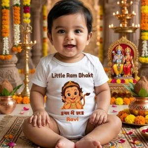 Ram Lalla Janmdin Baby Romper Custom Name Avyukt Cute Lord Ram Cartoon Print Soft Cotton Baby Onesie Festival Wear for Boys & Girls White | Babywish | Age 6-12 Months