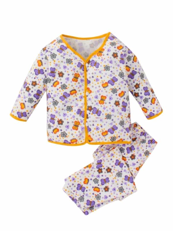 kids top bottom baby Jhabla Set Full Sleeve Pure Flannel kids tshirt Jhabla pajama set - Purple Butterfly Print