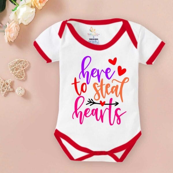 Baby First Valentine Day Romper Clothes Baby valentine Bodysuits Newborn Outfit Envelop Neck Half Sleeve Unisex Onesies"Here to Steal Heart" - Image 2
