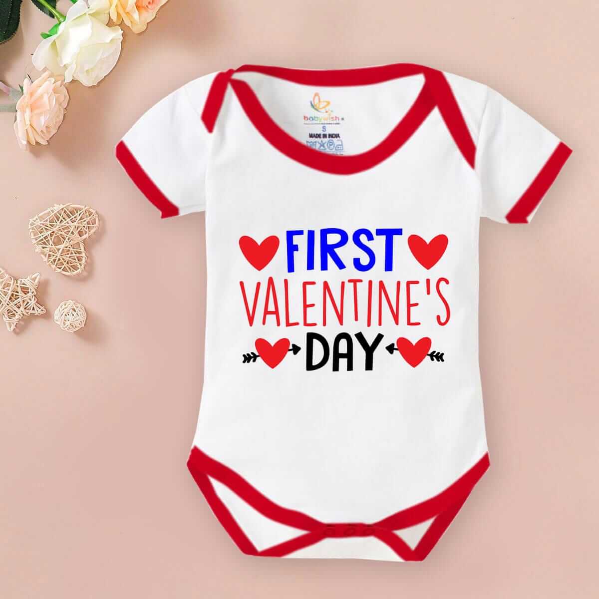 Baby First Valentine’s Day Romper Clothes | Cute Baby Valentine Bodysuits | Newborn Outfit Envelope Neck Half Sleeve Unisex Onesies “First Valentine Heart” Baby Gift for Boys & Girls