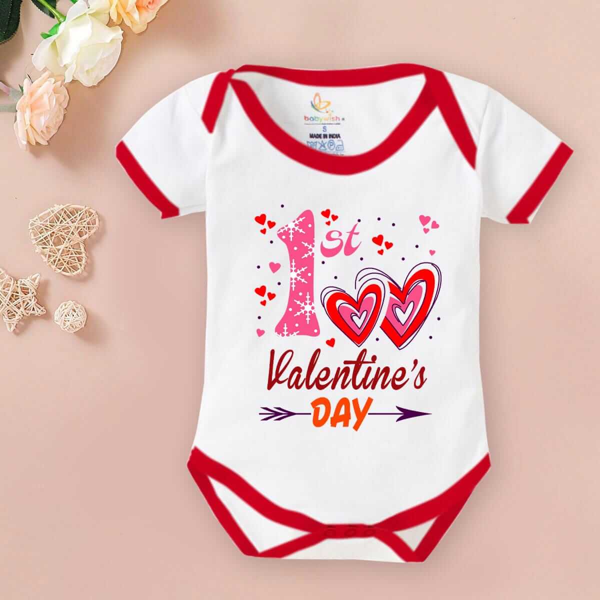 Baby First Valentine Day Romper Clothes Baby valentine Bodysuits Newborn Outfit Envelop Neck Half Sleeve Unisex Onesies"1st Heart printed"