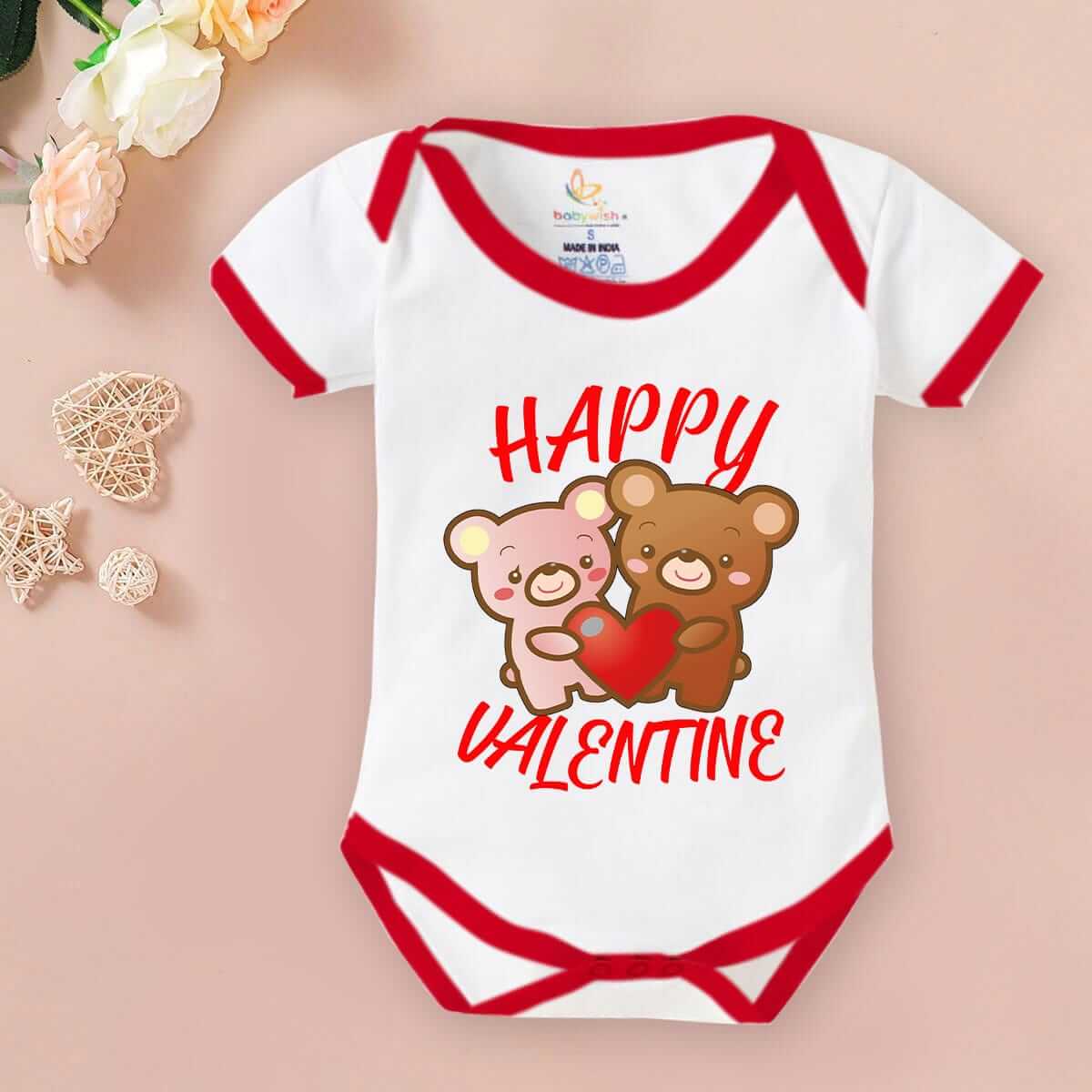 Baby First Valentine’s Day Romper Clothes | Baby Valentine Bodysuits | Newborn Outfit Envelope Neck Half Sleeve Unisex Onesies “Valentine Day Beer Print” | Cute Baby Gift Romper for Boys & Girls