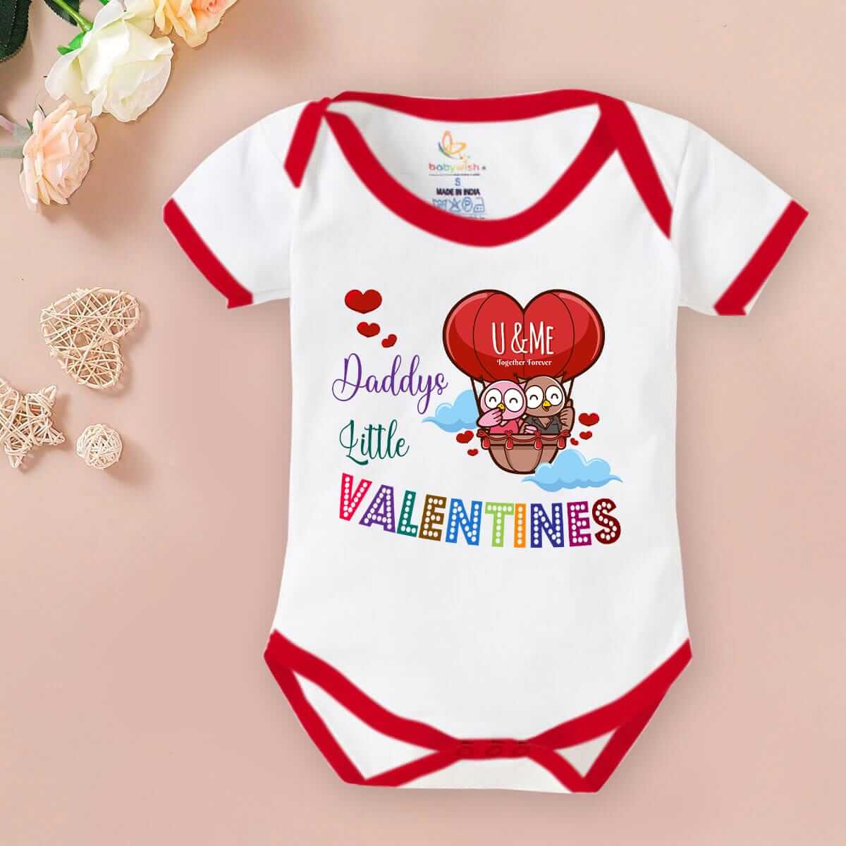 Baby First Valentine’s Day Romper Clothes | Baby Valentine Bodysuits | Newborn Outfit Envelope Neck Half Sleeve Unisex Onesies “U & Me on Valentine” | Cute Baby Gift Romper for Boys & Girls