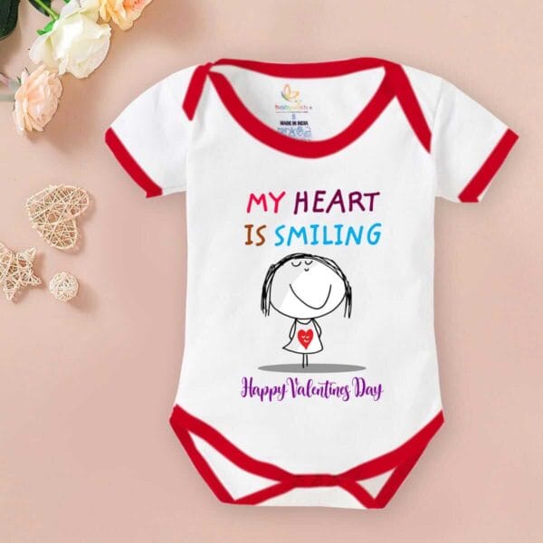 Baby First Valentine Day Romper Clothes Baby valentine Bodysuits Newborn Outfit Envelop Neck Half Sleeve Unisex Onesies"My Heart is Smiling" - Image 2