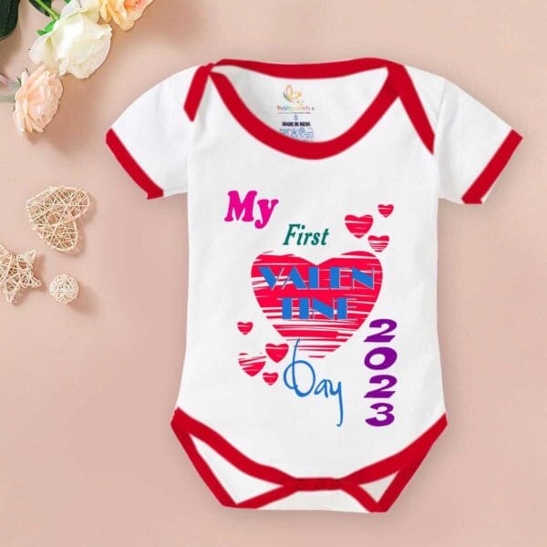 Baby First Valentine Day Romper Clothes Baby valentine Bodysuits Newborn Outfit Envelop Neck Half Sleeve Unisex Onesies"My valentine on 2023" - Image 2