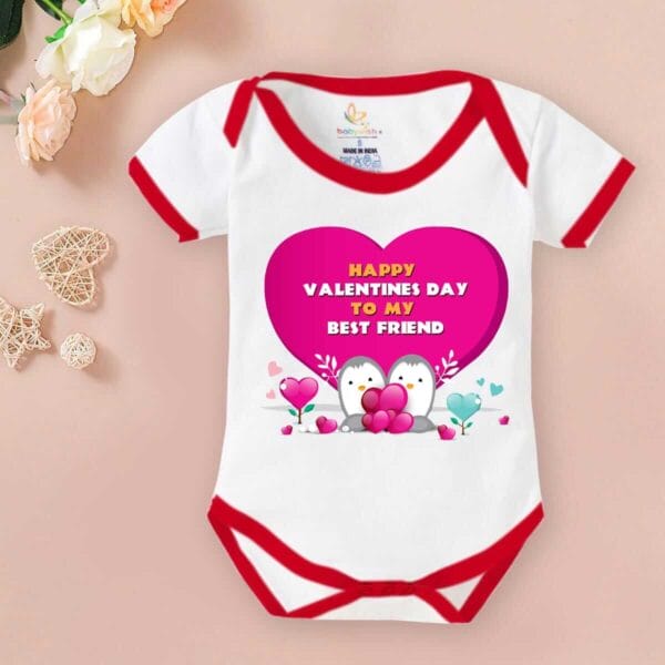 Baby First Valentine Day Romper Clothes Baby valentine Bodysuits Newborn Outfit Envelop Neck Half Sleeve Unisex Onesies"Happy Valentine Friend" - Image 2