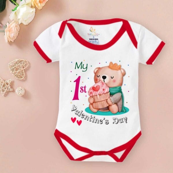 Baby First Valentine Day Romper Clothes Baby valentine Bodysuits Newborn Outfit Envelop Neck Half Sleeve Unisex Onesies"Teddy Bear Valentine Print" - Image 2