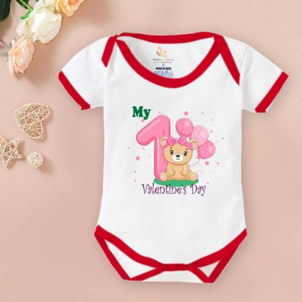 Baby First Valentine Day Romper Clothes Baby valentine Bodysuits Newborn Outfit Envelop Neck Half Sleeve Unisex Onesies"First Valentine Balloon " - Image 2