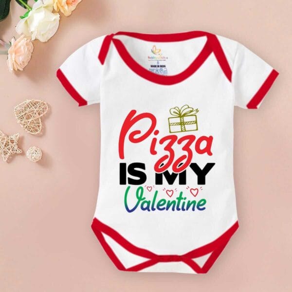 Baby First Valentine Day Romper Clothes Baby valentine Bodysuits Newborn Outfit Envelop Neck Half Sleeve Unisex Onesies"Pizza is my Valentine" - Image 2