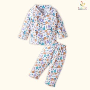 Babywish Front Open Cotton Shirt with Cartoon Print – Newborn Babywear for Boys & Girls