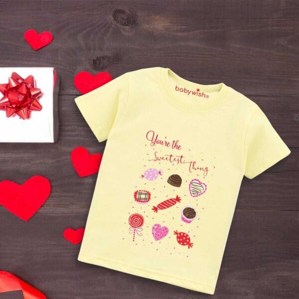Valentine Day T-shirt for Kids Unisex Valentine Topwear Outfit Printed Half Sleeve Tshirt Dress for Boy n Girl "You are the sweetest things"