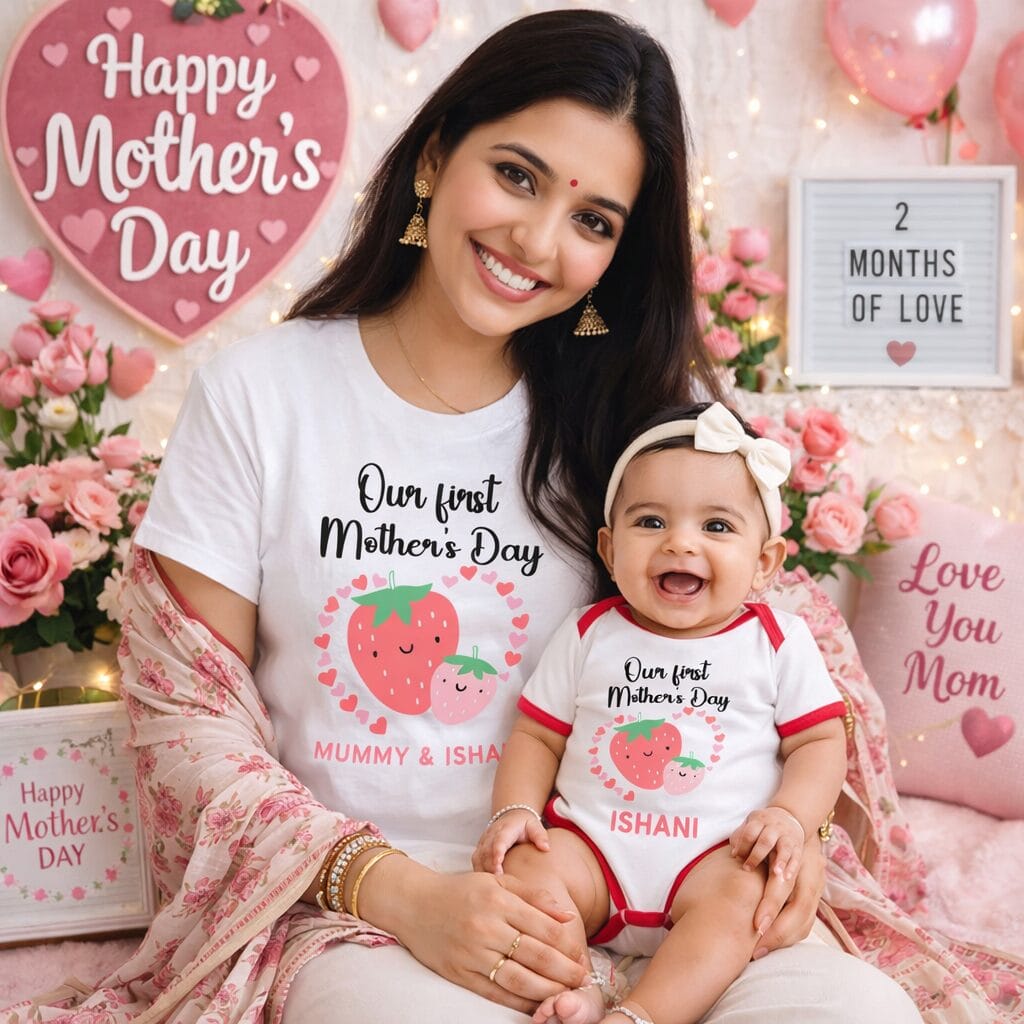 Baby 1st Mothers Day Combo Set My 1st Mother's Day T-Shirt or Romper Set Mom & Baby Matching Outfit Strawberry Design Custom Name Women S M L XL XXL Baby 0-12 Months Babywish