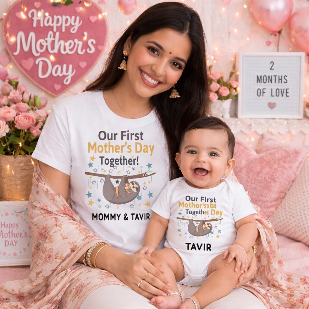Baby Our First Mothers Day Combo Set My 1st Mother's Day T-Shirt or Romper Set Mom & Baby Matching Outfit Sloth Hanging Design Custom Name Women S M L XL XXL Baby 0-12 Months Babywish
