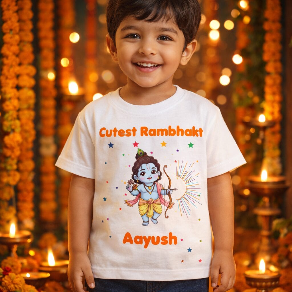 Cutest Rambhakt Baby Kids T-Shirt with Custom Name Cute Lord Ram Cartoon Print Cotton T-Shirt for Boys & Girls Ram Navami Festival Kids Outfit Age 6-12 Months or 1-12 Years Color White, Pink, Sea Green, Lemon, Black – Babywish
