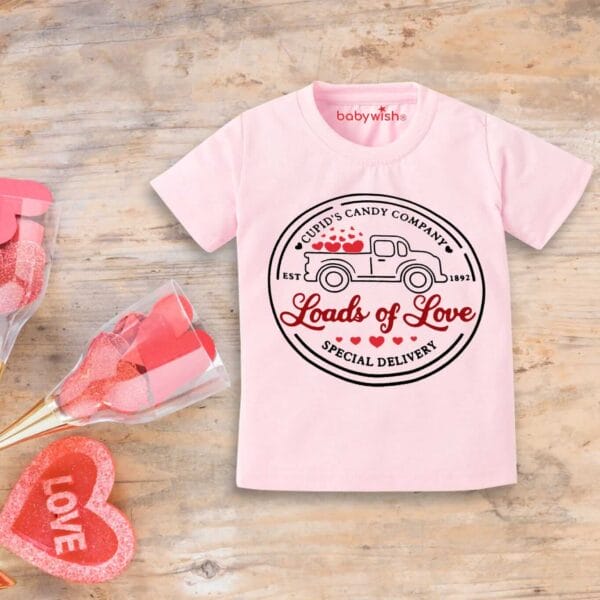 Valentine Day T-shirt for Kids Unisex Valentine Topwear Outfit Printed Half Sleeve Tshirt Dress for Boy n Girl "Loads of love on valentine" - Image 2