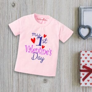 Valentine Day T-shirt for Kids Unisex Valentine Topwear Outfit Printed Half Sleeve Tshirt Dress for Boy n Girl "My First Valentine Day with Family"