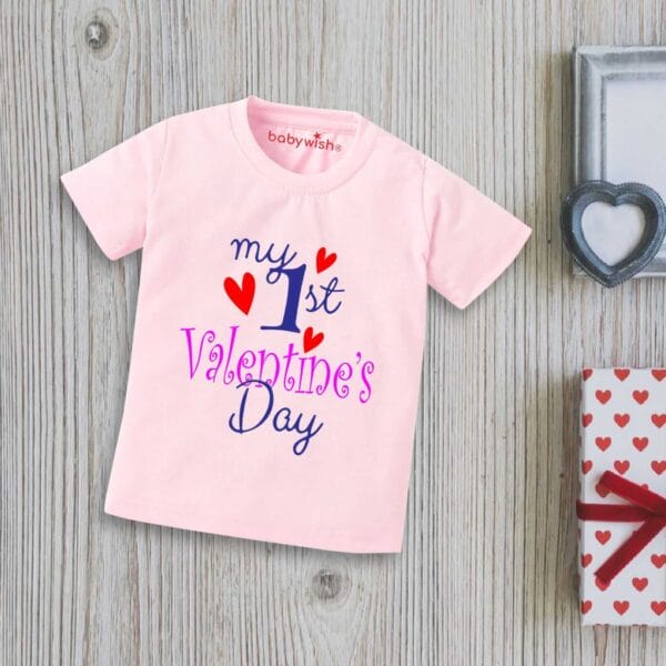 Valentine Day T-shirt for Kids Unisex Valentine Topwear Outfit Printed Half Sleeve Tshirt Dress for Boy n Girl "My First Valentine Day with Family"