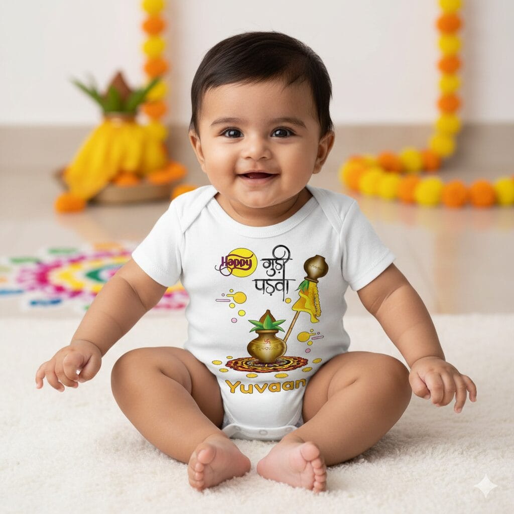 Happy Gudi Padwa Personalized Baby Romper with Name Yuvaan | Festival Cotton Baby Onesie for Boys & Girls | Age 6-12 Months | Color White, Pink, Sea Green, Lemon | Babywish
