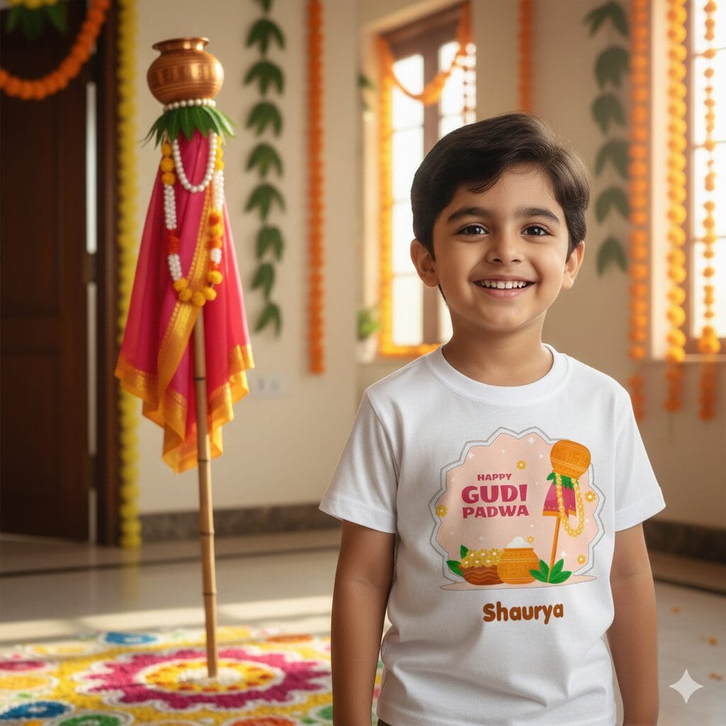 Happy Gudi Padwa Baby Kids T-Shirt Cute Festival Outfit Soft Cotton Traditional Gudi Padwa Print T-Shirt for Baby Boy Girl Comfortable Festive Wear Age 6-12 Months or 1-12 Years Color White, Pink, Sea Green, Lemon, Black – Babywish