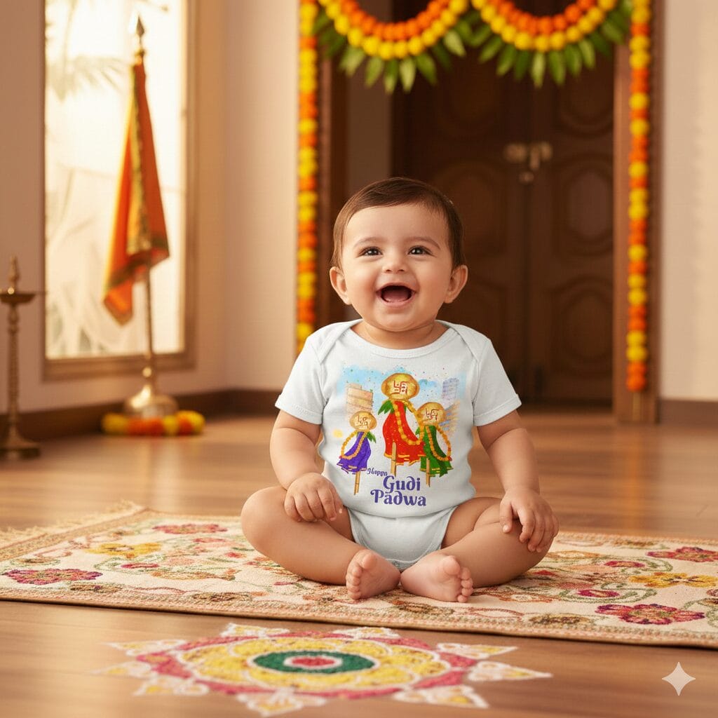 Happy Gudi Padwa Baby Romper Bodysuit – Soft Cotton Festival Wear for Boys & Girls | 6-12 Months–1-12 Years | White, Pink, Sea Green, Lemon | Babywish