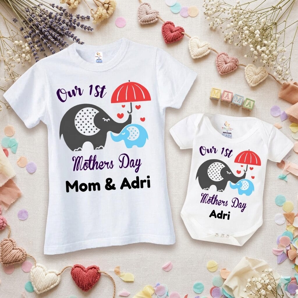 Baby 1st Mothers Day Combo Set T-Shirt or Romper Outfit | Mom & Baby Matching Custom Name Elephant Design Gift Set Women S M L XL XXL Baby 0-12 Months | Babywish