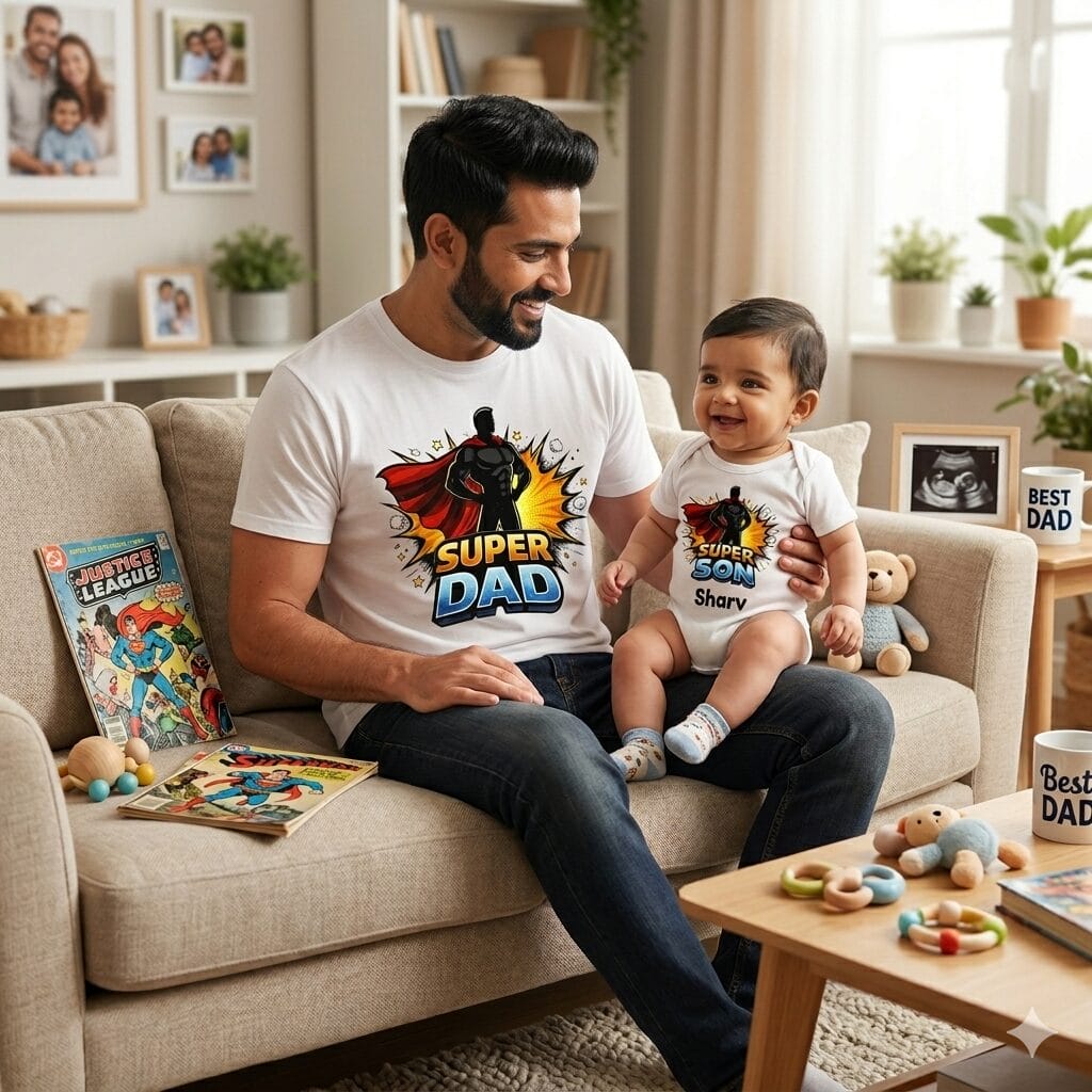 Super Dad & Super Son Matching Father’s Day Combo T-Shirt and Baby Romper Set – Personalized Custom Name Cotton Outfit for Dad and Baby White Color Babywish Age 0-3 to 12 Months