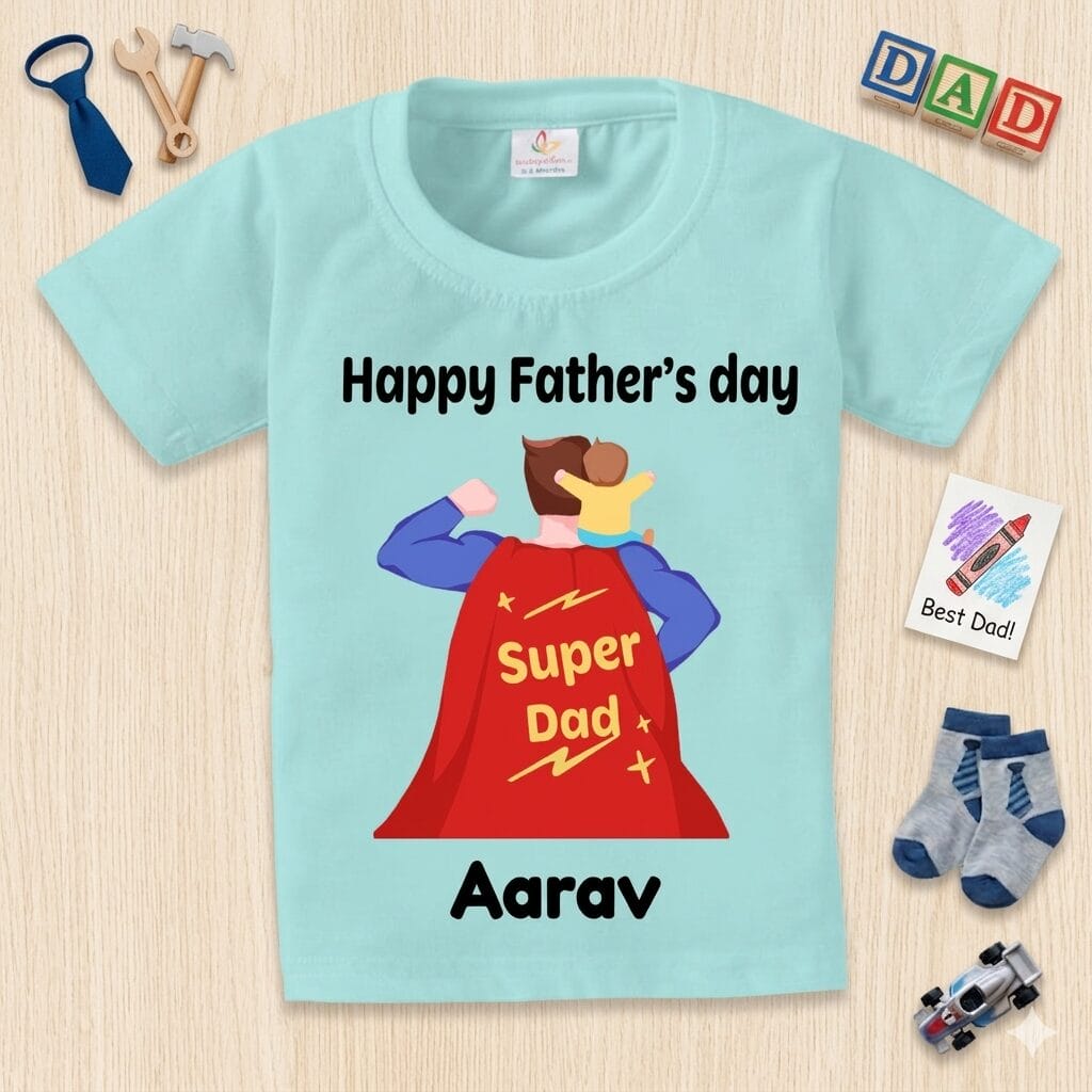 Father’s Day Personalized Baby Tee | Custom Kids T-Shirt with Name Aarav Cute Daddy Graphic Tee Sea-Green | Babywish
