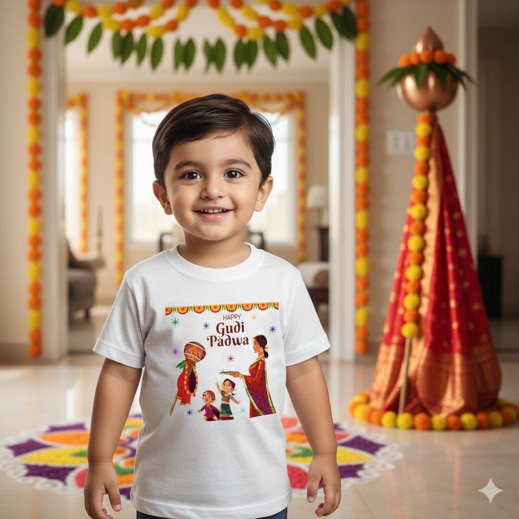Gudi Padwa T-shirt for Kids – Unisex Topwear Outfit, Printed Half Sleeve Tshirt Dress for Boys and Girls “Happy Gudi Padwa” Perfect Festival Wear for Children