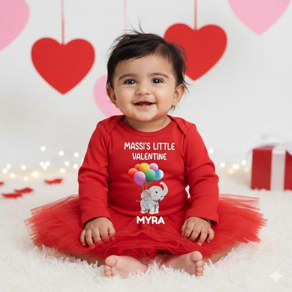 Massi’s Little Valentine Personalized Baby Romper with Tutu Skirt | Custom Name Valentine Outfit for Baby Girls in Soft Cotton | Age 0–12 Months | Color Red, Red-White, Black or Black-White | Babywish