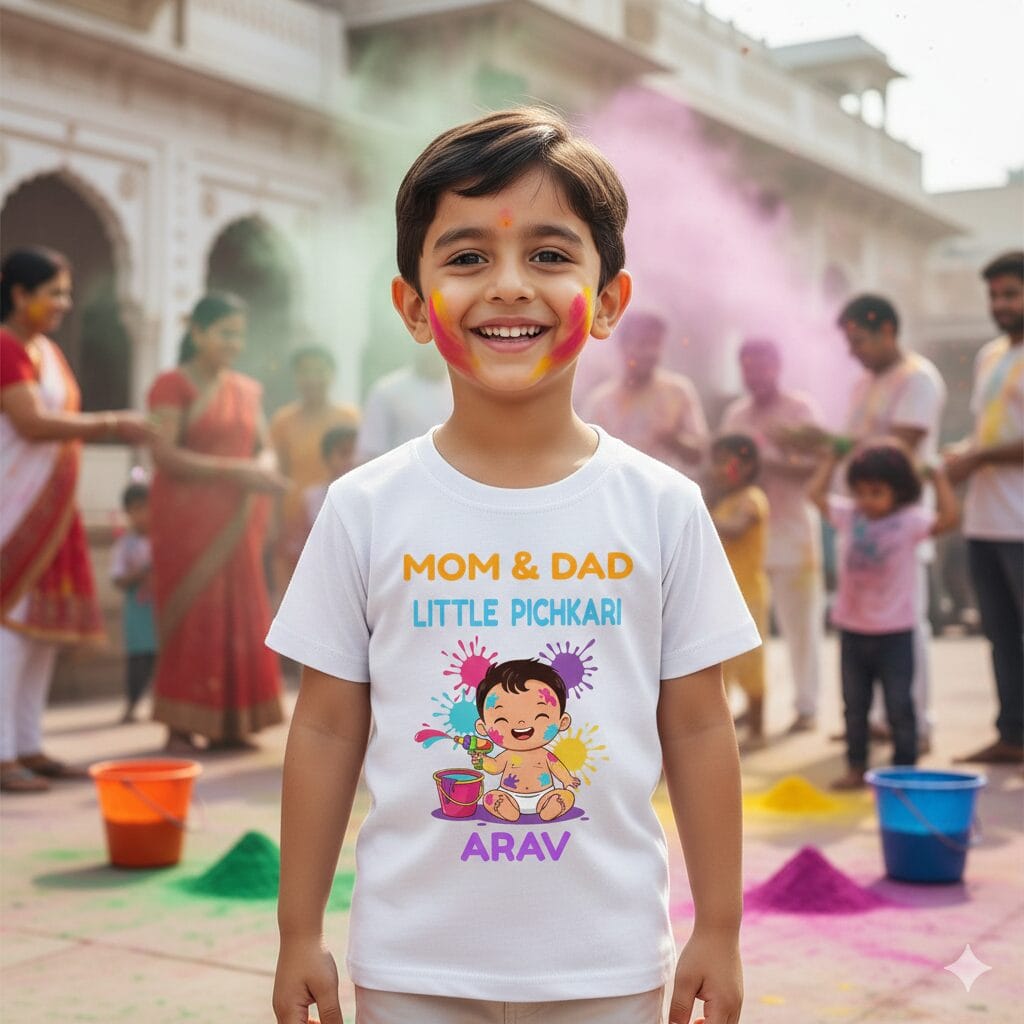 Mom & Dad Little Pichkari Arav Baby Holi T-Shirt | Cute First Holi Outfit for Baby Boy & Girl | Soft Cotton Festival Wear | Custom Name Holi Tee | Babywish | Age 6-12 Months or 1-12 Years | White, Pink, Sea Green, Lemon | Babywish