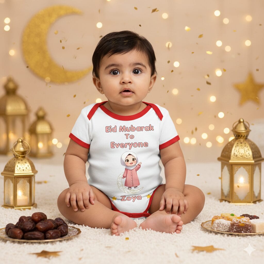 Personalized Eid Mubarak Baby Girl Romper with Name Print – Custom Islamic Eid Outfit for Baby Girls Soft Cotton Festive Wear Age 6-12 Months Color White, Pink, Sea Green, Lemon and Black – Babywish