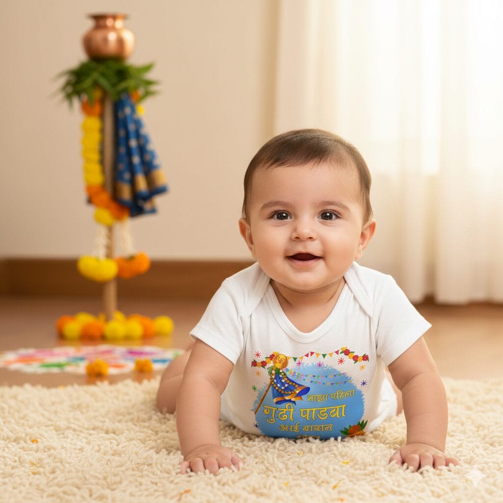 Gudi Padwa Baby Cotton Romper with Marathi Quote | First Festival Outfit for Boys & Girls | White, Pink, Sea Green, Lemon | Age 6-12 Months or 1-12 Years | Babywish