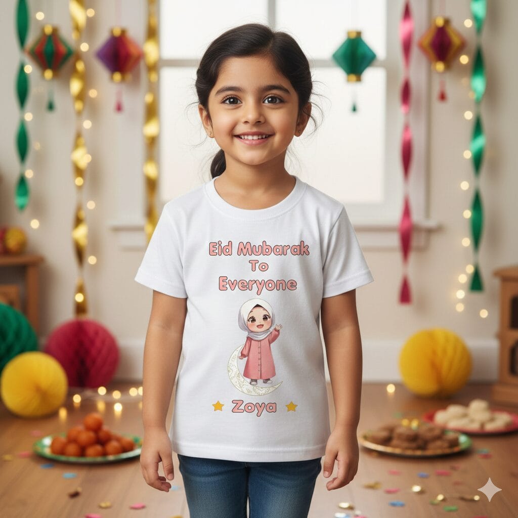 Eid Mubarak To Everyone Zoya Custom Name Baby Girl T-Shirt – Cute Hijab Girl Eid Outfit, Personalized Festive Cotton T-Shirt for Kids age 6-12 Months or 1-12 Years color White, Pink, Sea Green, Lemon Babywish