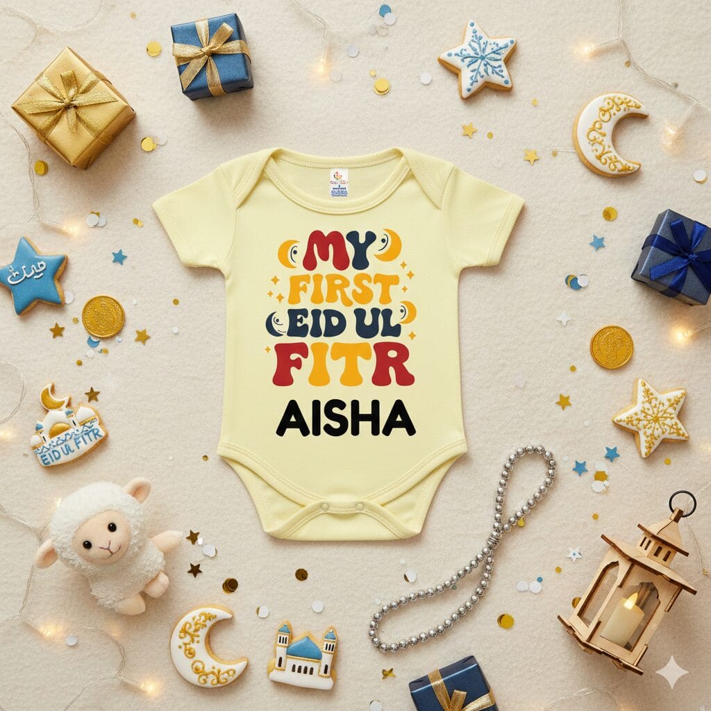 My First Eid Baby Romper – Soft Cotton Personalized Eid Mubarak Outfit for Newborn Boys & Girls | Cute Festive Bodysuit | 0–12 Months | Babywish - Image 4