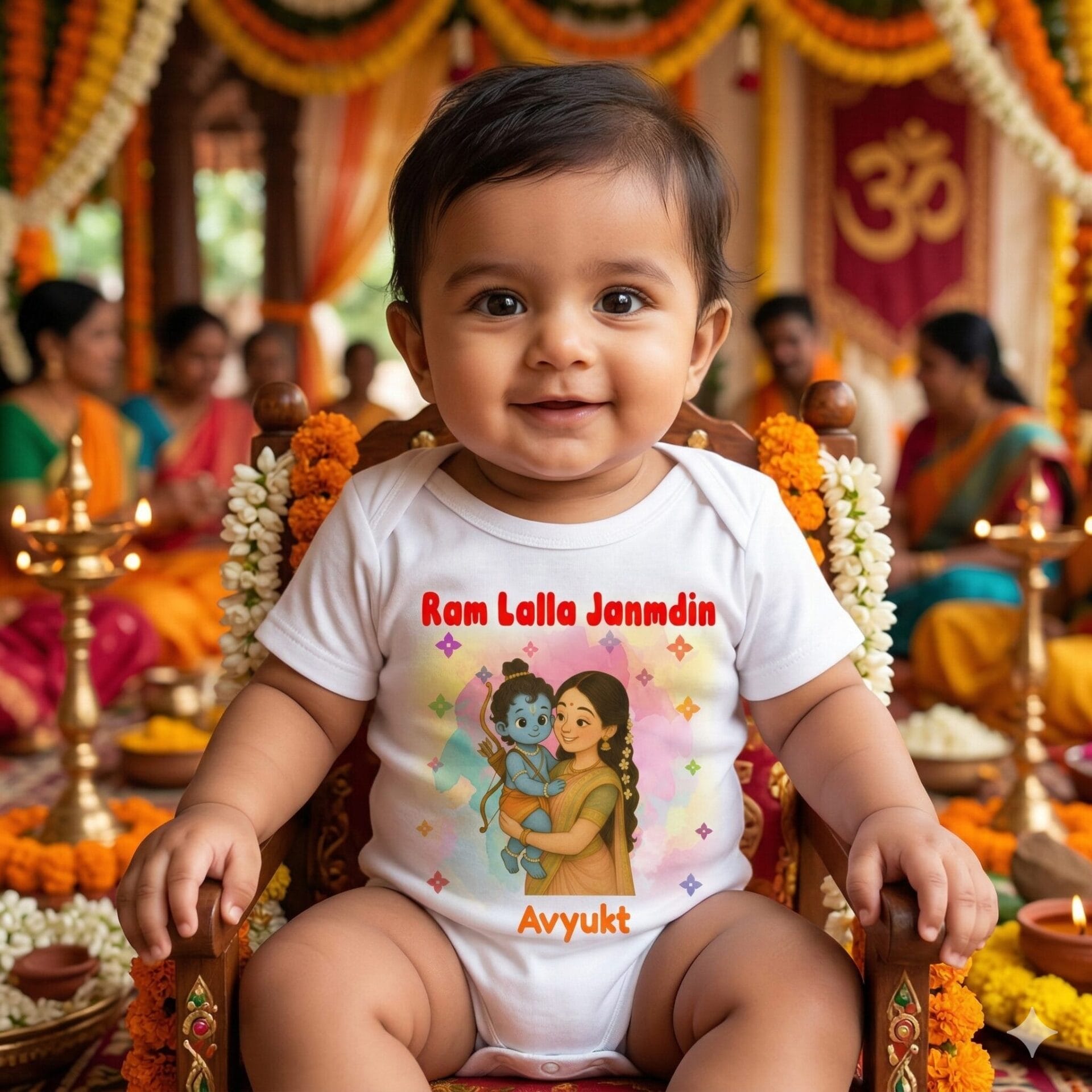 Ram Lalla Janmdin Personalized Baby Romper with Name Avyukt | Ram Navami Festival Cotton Baby Onesie for Boys & Girls | Age 6-12 Months | Color White, Pink, Sea Green, Lemon | Babywish