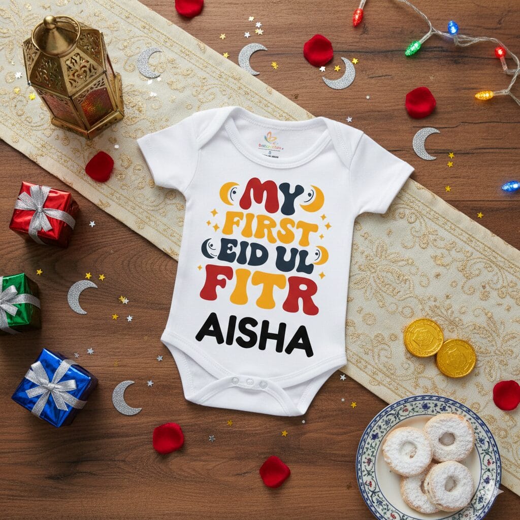 My First Eid Baby Romper – Soft Cotton Personalized Eid Mubarak Outfit for Newborn Boys & Girls | Cute Festive Bodysuit | 0–12 Months | Babywish - Image 3