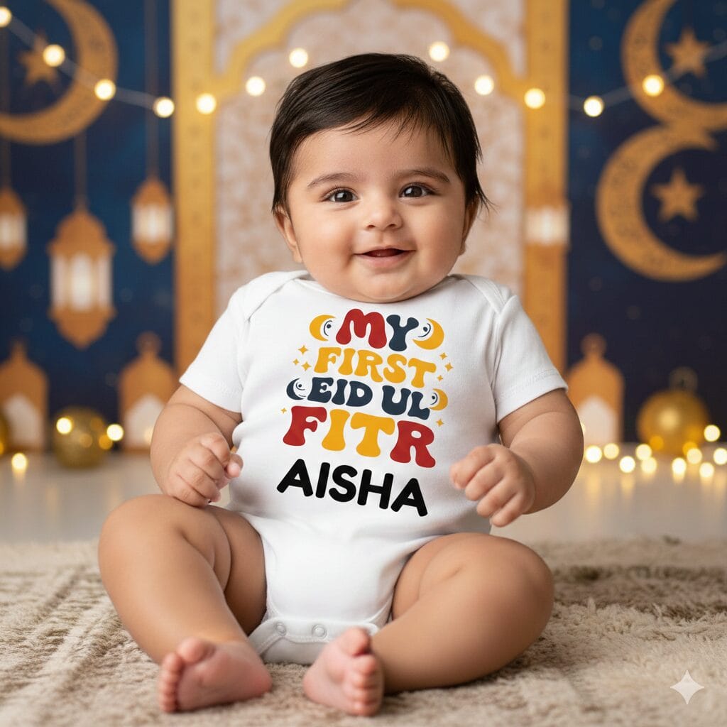 My First Eid Baby Romper – Soft Cotton Personalized Eid Mubarak Outfit for Newborn Boys & Girls | Cute Festive Bodysuit | 0–12 Months | Babywish - Image 12