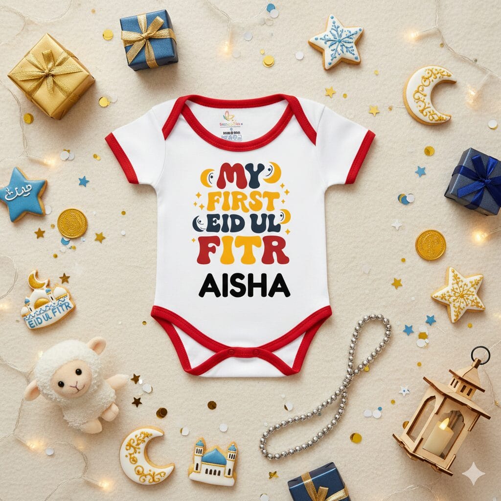 My First Eid Baby Romper – Soft Cotton Personalized Eid Mubarak Outfit for Newborn Boys & Girls | Cute Festive Bodysuit | 0–12 Months | Babywish - Image 5