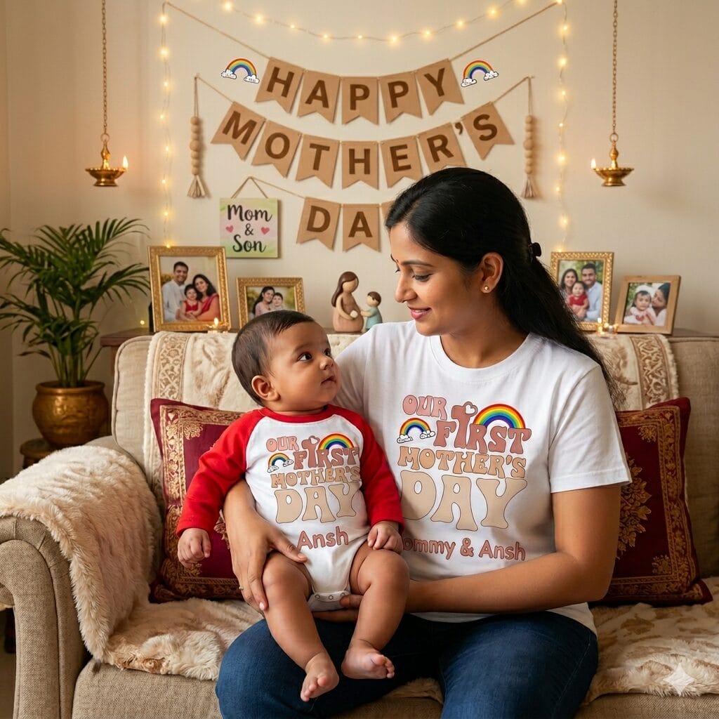 Baby 1st Mothers Day Combo Set | My 1st Mother's Day T-Shirt Mom & Baby Matching Outfit | Custom Name Rainbow Design | T-Shirt or Romper Women S M L XL XXL Baby 0-12 Months | Babywish