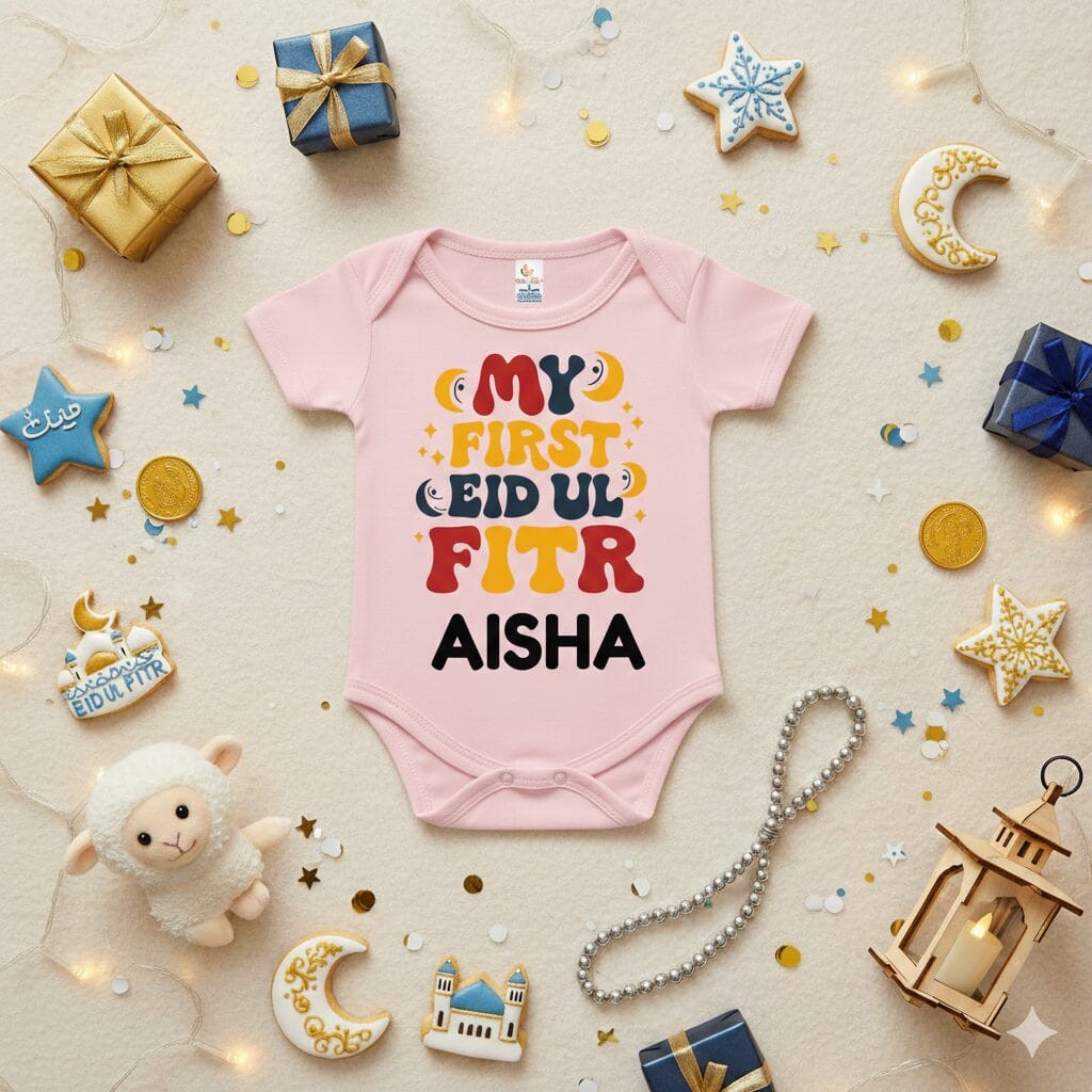 My First Eid Baby Romper – Soft Cotton Personalized Eid Mubarak Outfit for Newborn Boys & Girls | Cute Festive Bodysuit | 0–12 Months | Babywish - Image 2