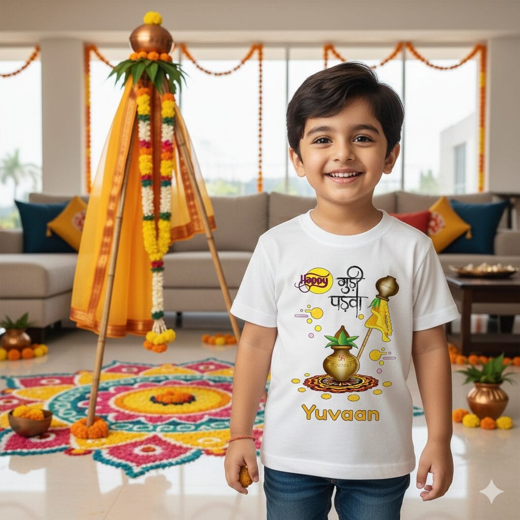 Happy Gudi Padwa Kids Custom Name T-Shirt Yuvaan | Festival Baby & Kids Wear | Soft Cotton Traditional Print Tee for Boys & Girls | Age 1-12 Years | Color White, Pink, Sea Green, Lemon | Babywish