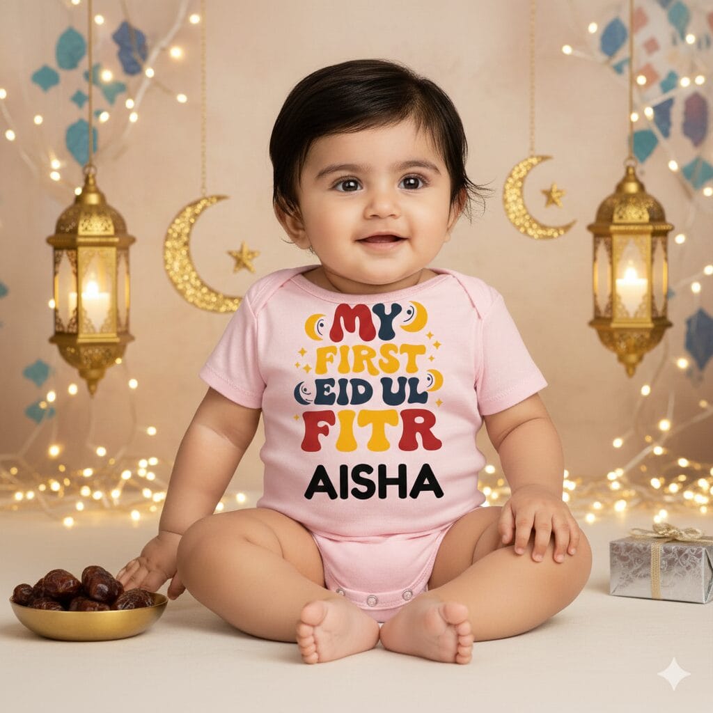My First Eid Baby Romper – Soft Cotton Personalized Eid Mubarak Outfit for Newborn Boys & Girls | Cute Festive Bodysuit | 0–12 Months | Babywish