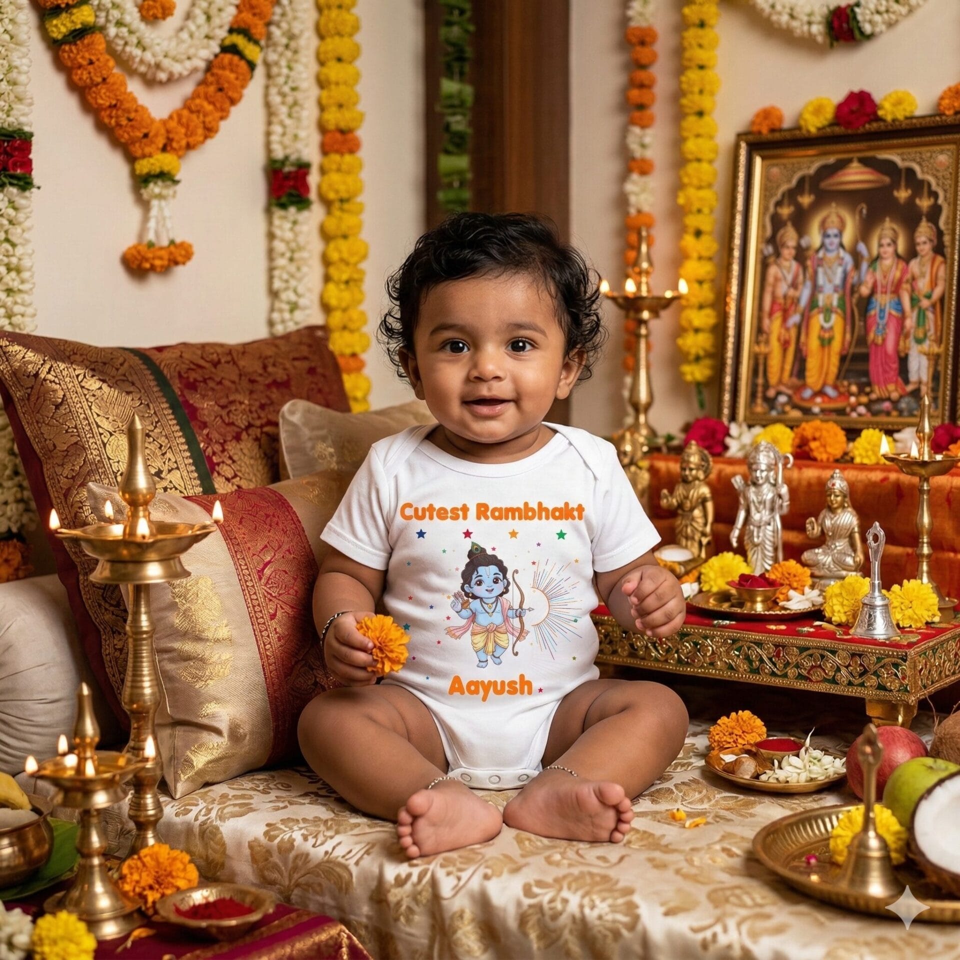 Cutest Rambhakt Baby Romper with Custom Name Lord Ram Cartoon Print Soft Cotton Baby Bodysuit Ram Navami Festival Outfit for Newborn Baby Boy Girl Age 6-12 Months Color White, Pink, Sea Green, Lemon, Black – Babywish