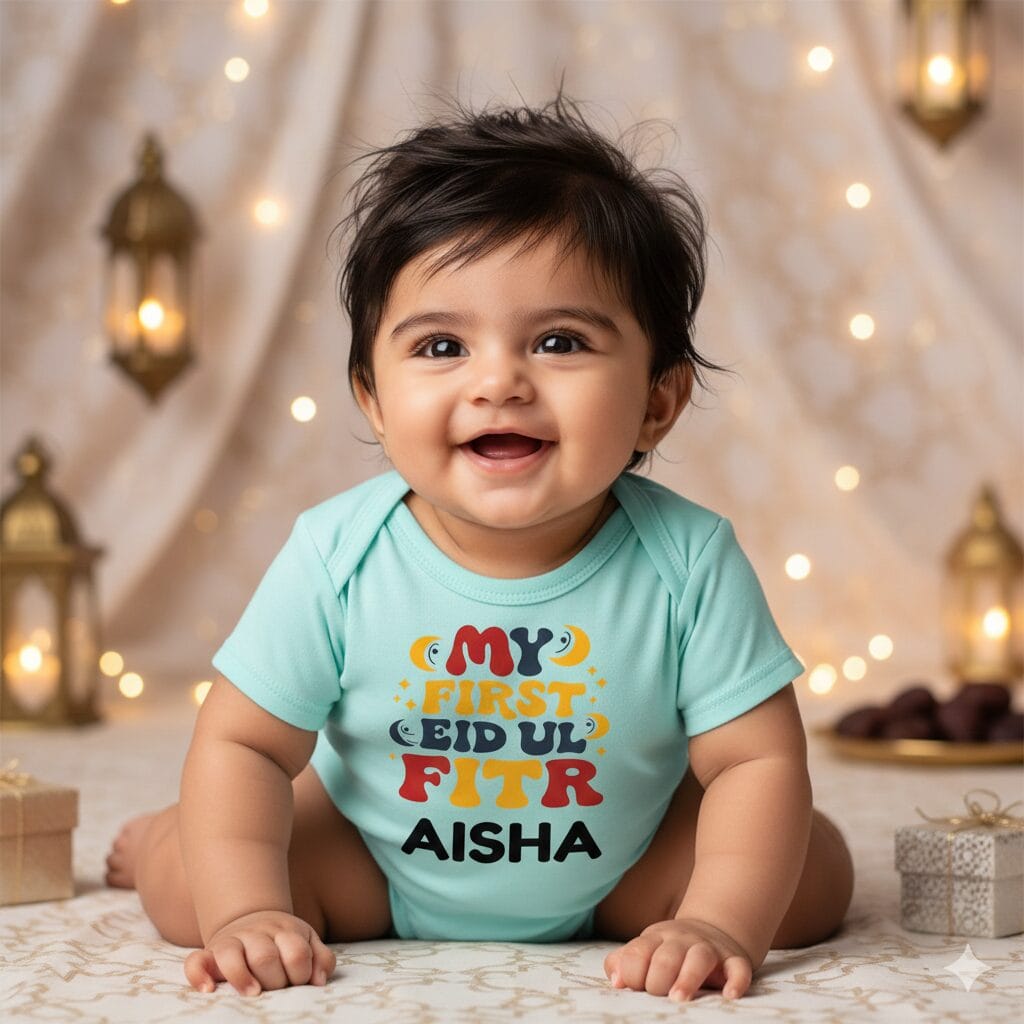 My First Eid Baby Romper – Soft Cotton Personalized Eid Mubarak Outfit for Newborn Boys & Girls | Cute Festive Bodysuit | 0–12 Months | Babywish - Image 15